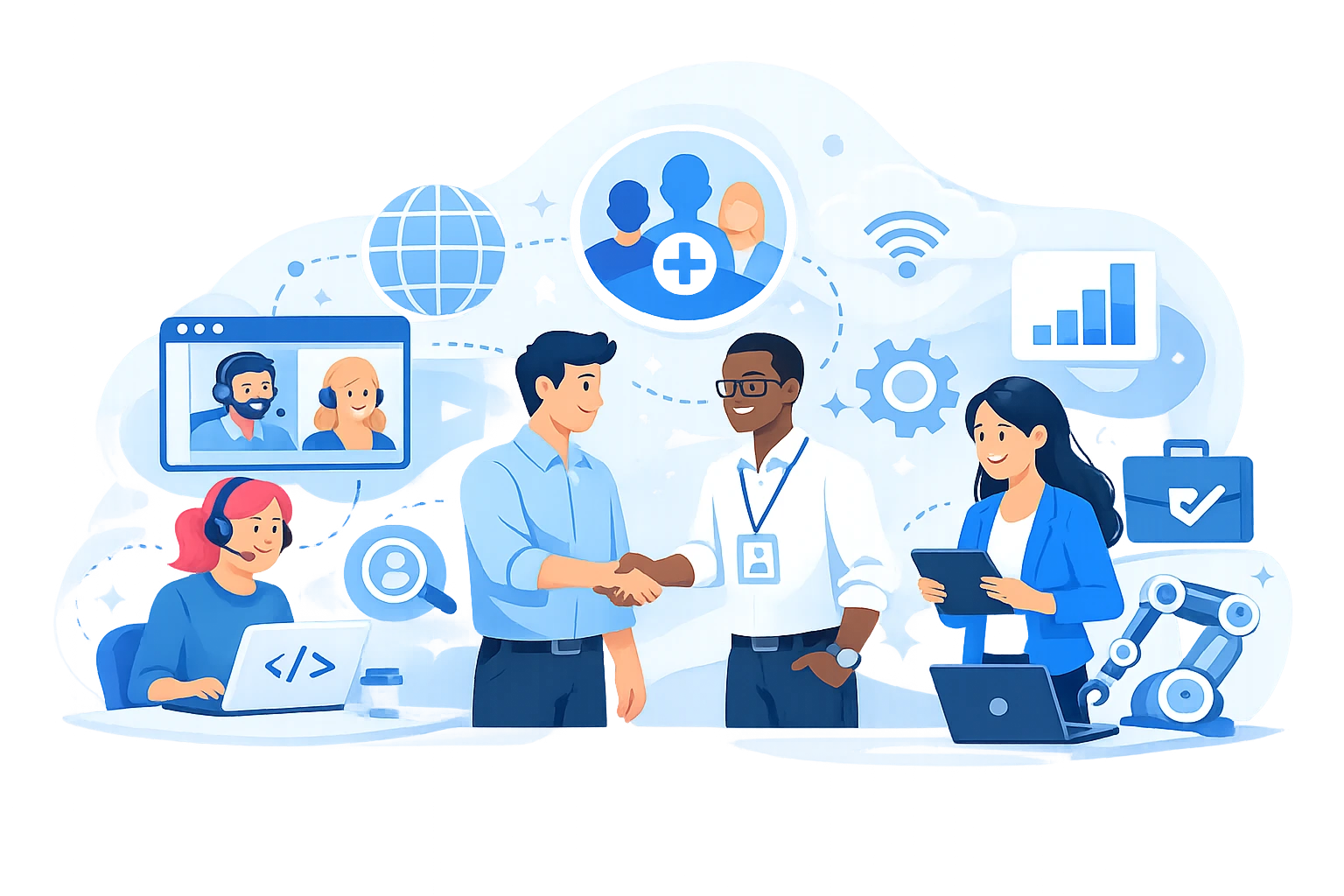 Business handshake with remote team, HR, and support staff illustration